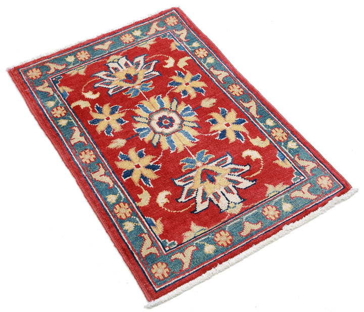 Red Afghan Oriental Rug 2'0" x 2'10" Hand-Knotted close-up