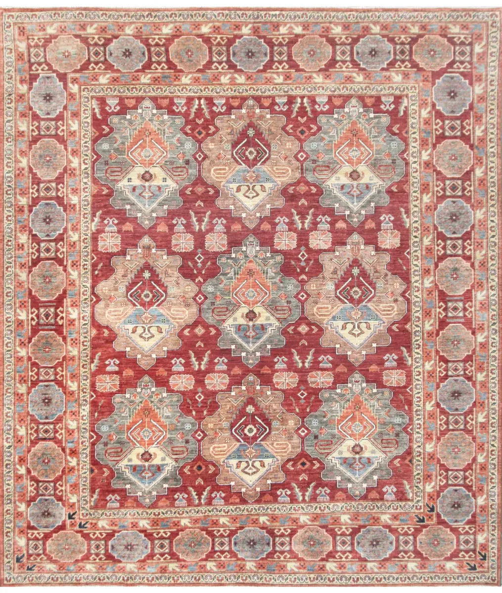 Rust Afghan Tribal Rug 8' 1" x 9' 4" Hand-Knotted | No. AT569503