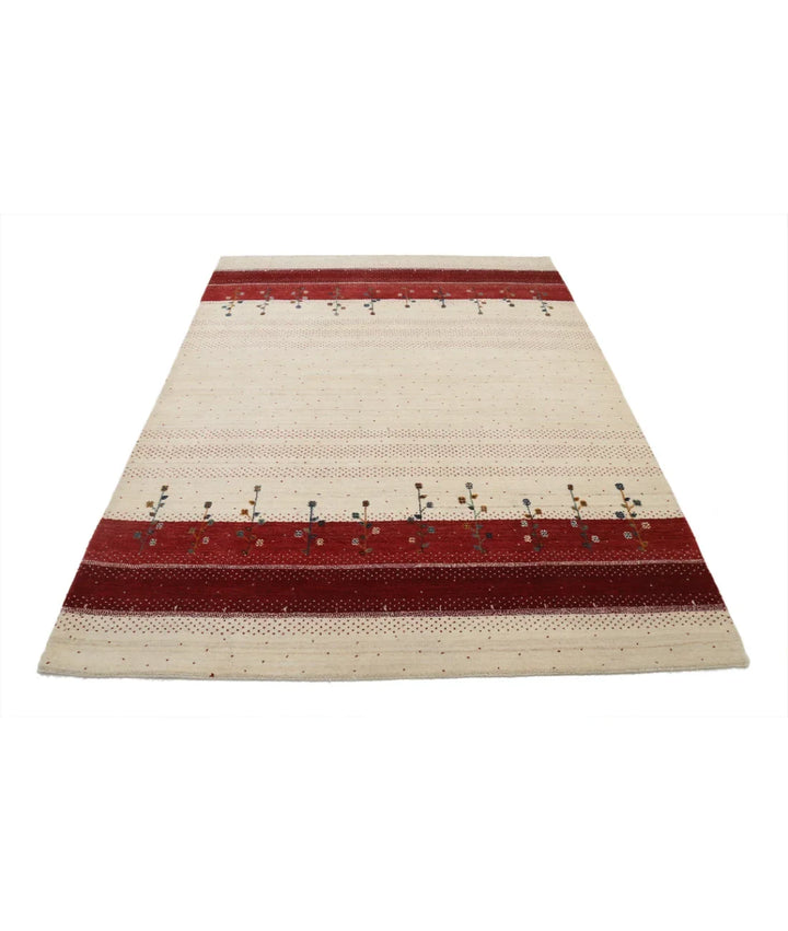 Ivory Indian Oriental Rug 5' 4" x 7' 6" Hand-Knotted | No. AT57035