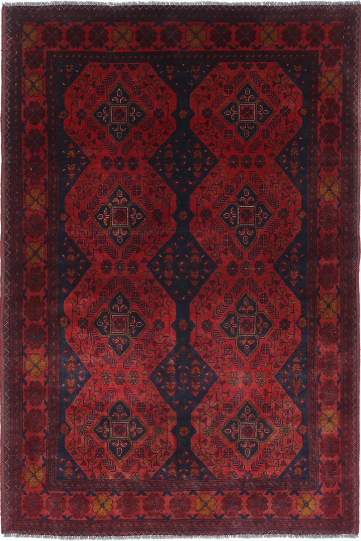 Red Afghan Tribal Rug 4' 2" x 6' 3" Hand-Knotted | No. AT57600