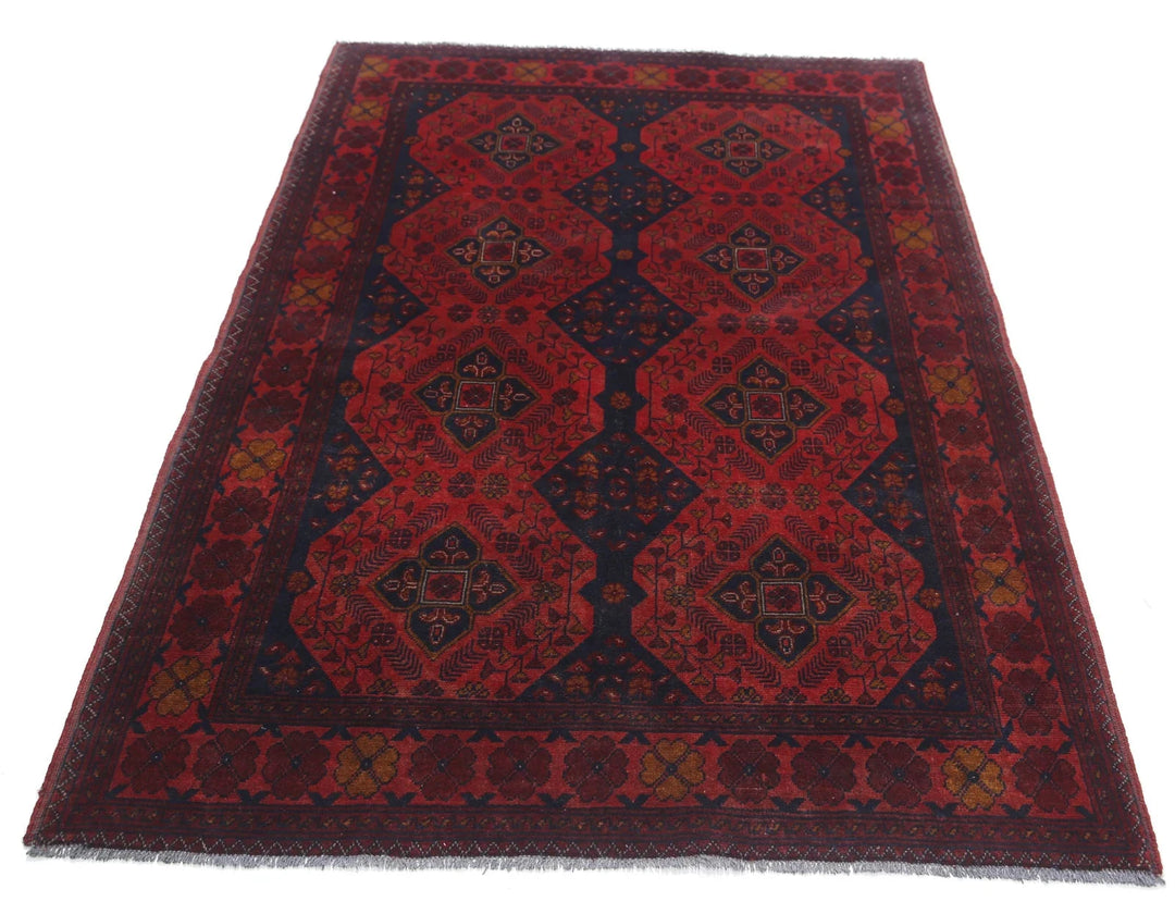 Red Afghan Tribal Rug 4' 2" x 6' 3" Hand-Knotted | No. AT57600