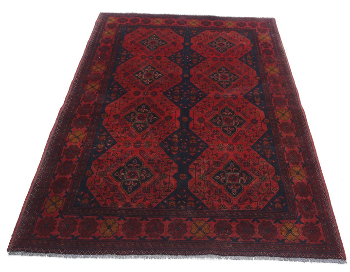 Red Afghan Tribal Rug 4' 2" x 6' 3" Hand-Knotted | No. AT57600