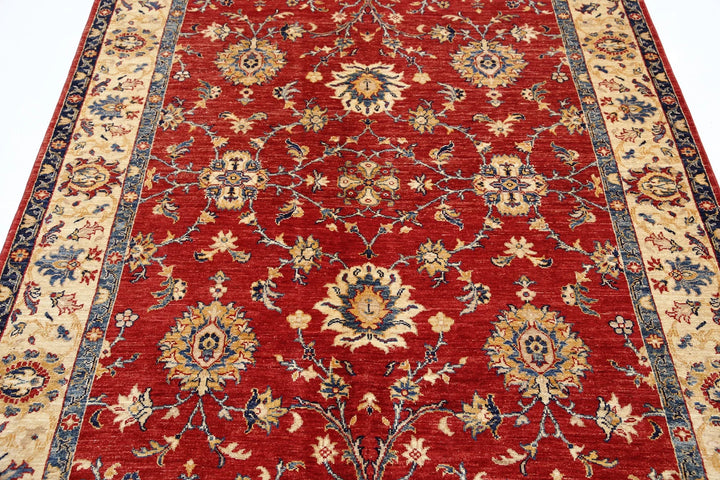 Red Afghan Ziegler Rug 5'7" x 8'1" Hand-Knotted | No. AT58897