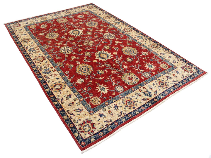Red Afghan Ziegler Rug 5'7" x 8'1" Hand-Knotted | No. AT58897