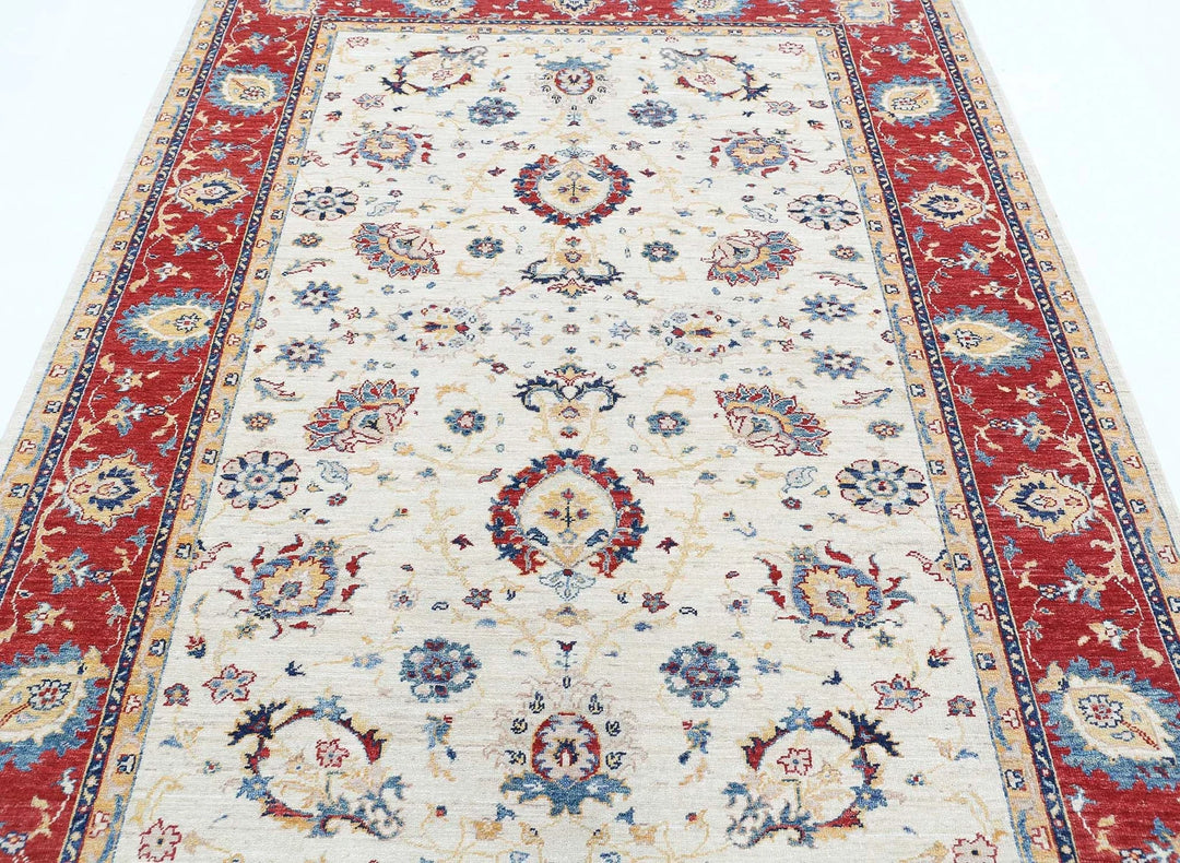 Ivory Afghan Ziegler Rug 5'7" x 7'4" Hand-Knotted | No. AT58963