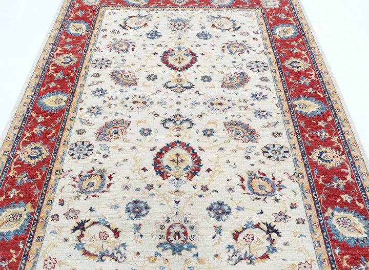 Ivory Afghan Ziegler Rug 5'7" x 7'4" Hand-Knotted | No. AT58963