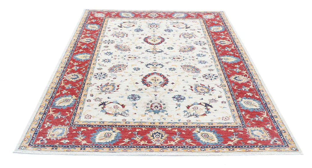 Ivory Afghan Ziegler Rug 5'7" x 7'4" Hand-Knotted | No. AT58963