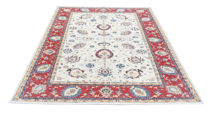 Ivory Afghan Ziegler Rug 5'7" x 7'4" Hand-Knotted | No. AT58963