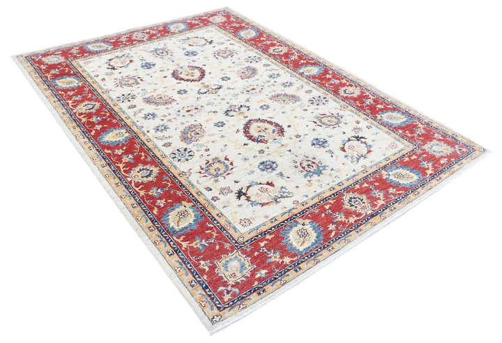 Ivory Afghan Ziegler Rug 5'7" x 7'4" Hand-Knotted | No. AT58963