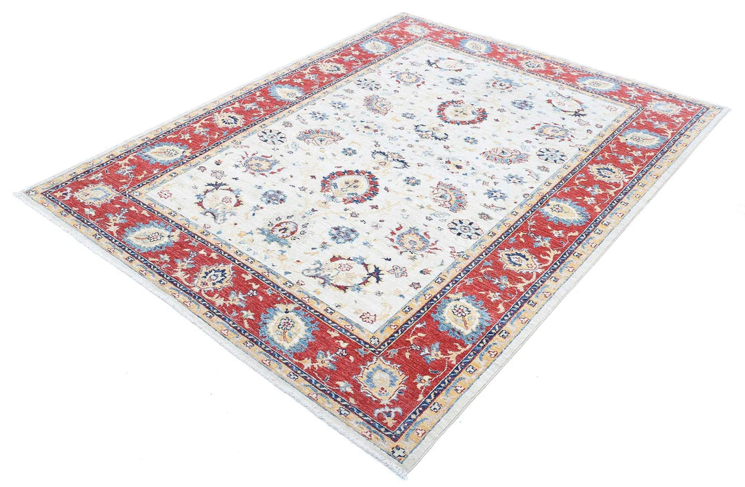 Ivory Afghan Ziegler Rug 5'7" x 7'4" Hand-Knotted | No. AT58963