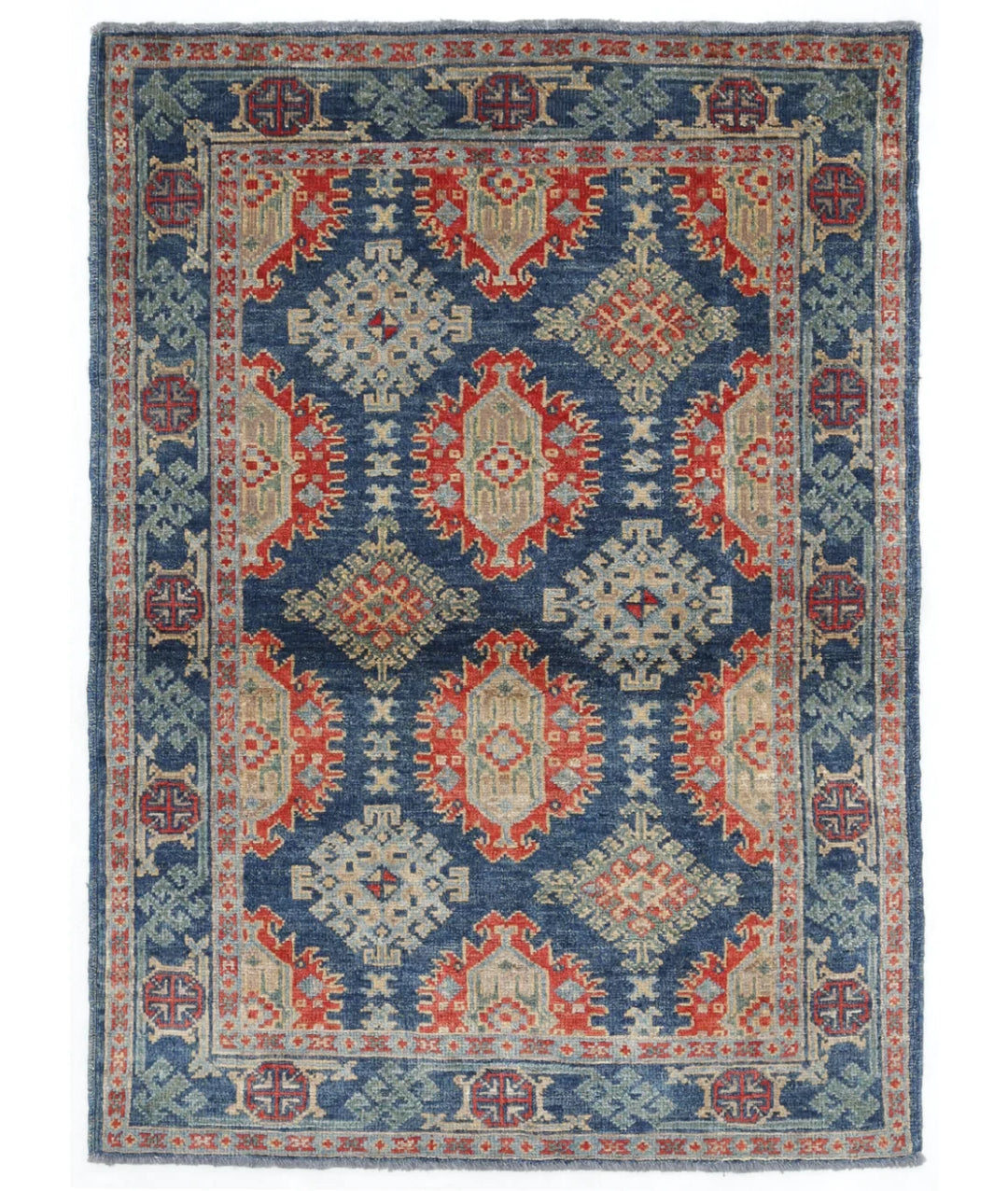 Blue Afghan Tribal Rug 3' 6" x 4' 10" Hand-Knotted | No. AT60365
