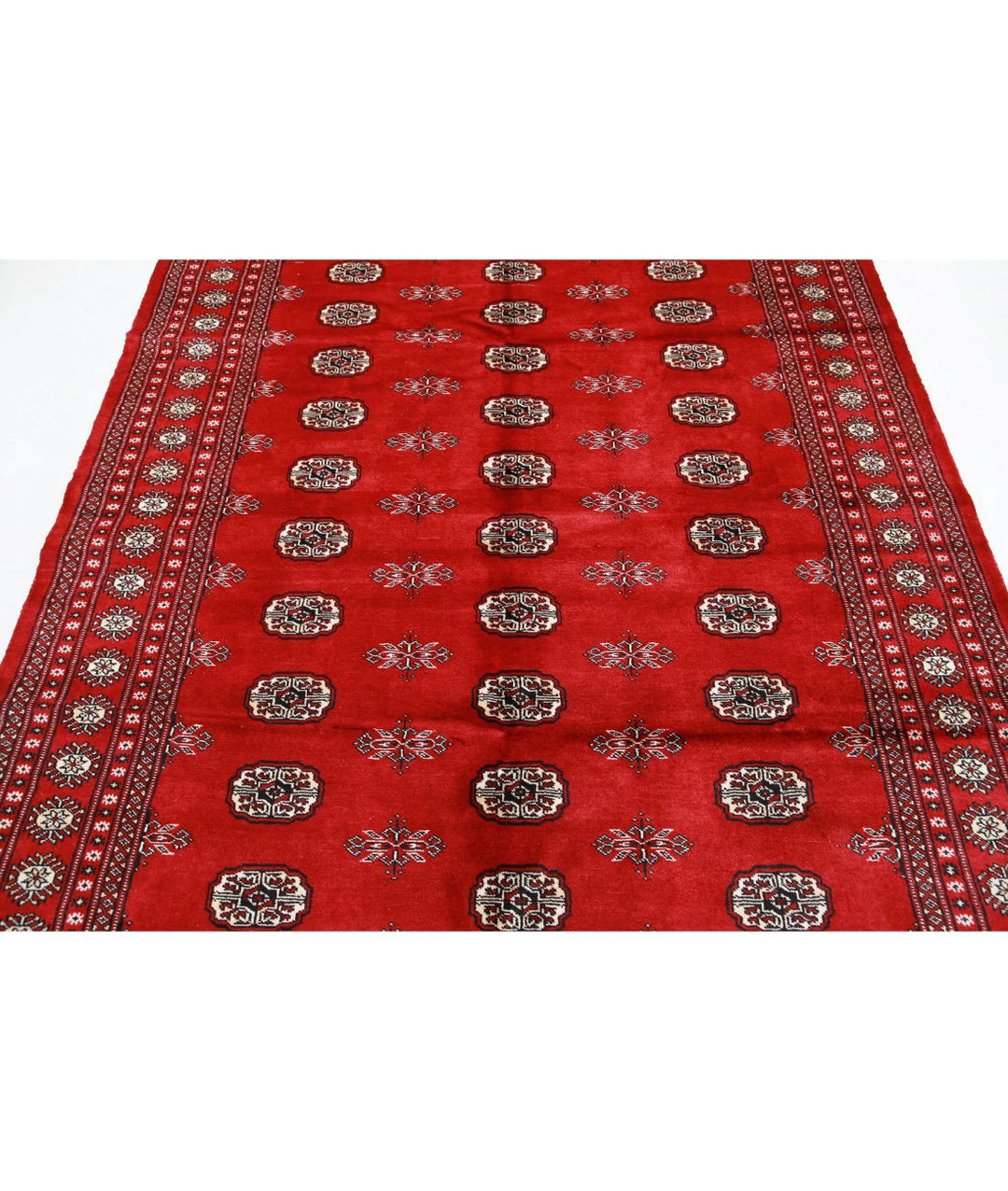 Red Pakistani Bokhara Rug 6' 1" x 8' 11" Hand-Knotted | No. AT60452