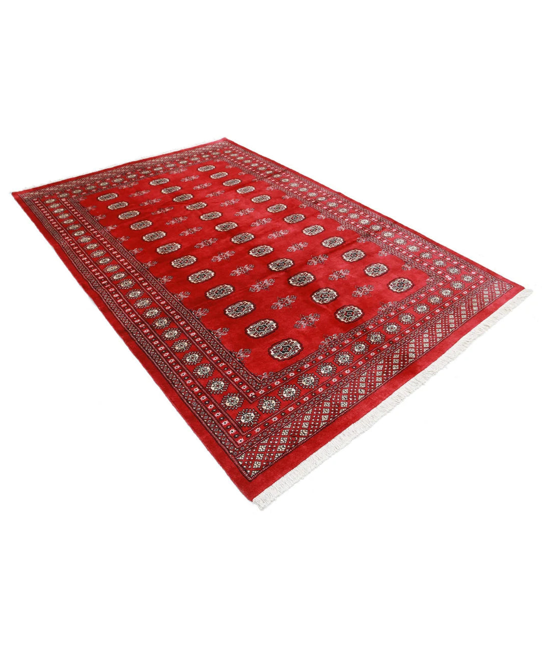 Red Pakistani Bokhara Rug 6' 1" x 8' 11" Hand-Knotted | No. AT60452