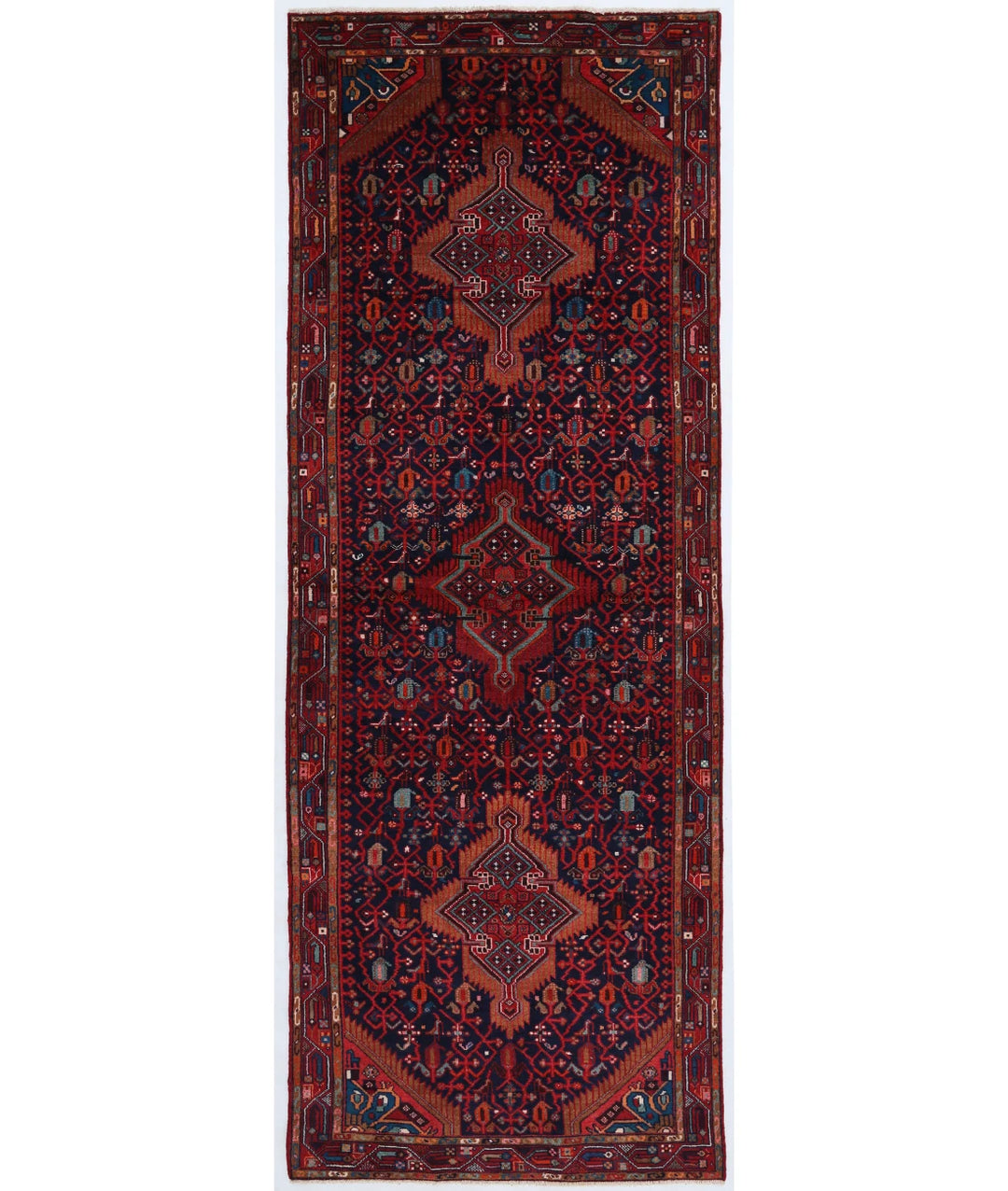 Blue Red Persian Hamadan Runner Rug 4' 1" x 11' 0" Hand-Knotted | No. AT60534