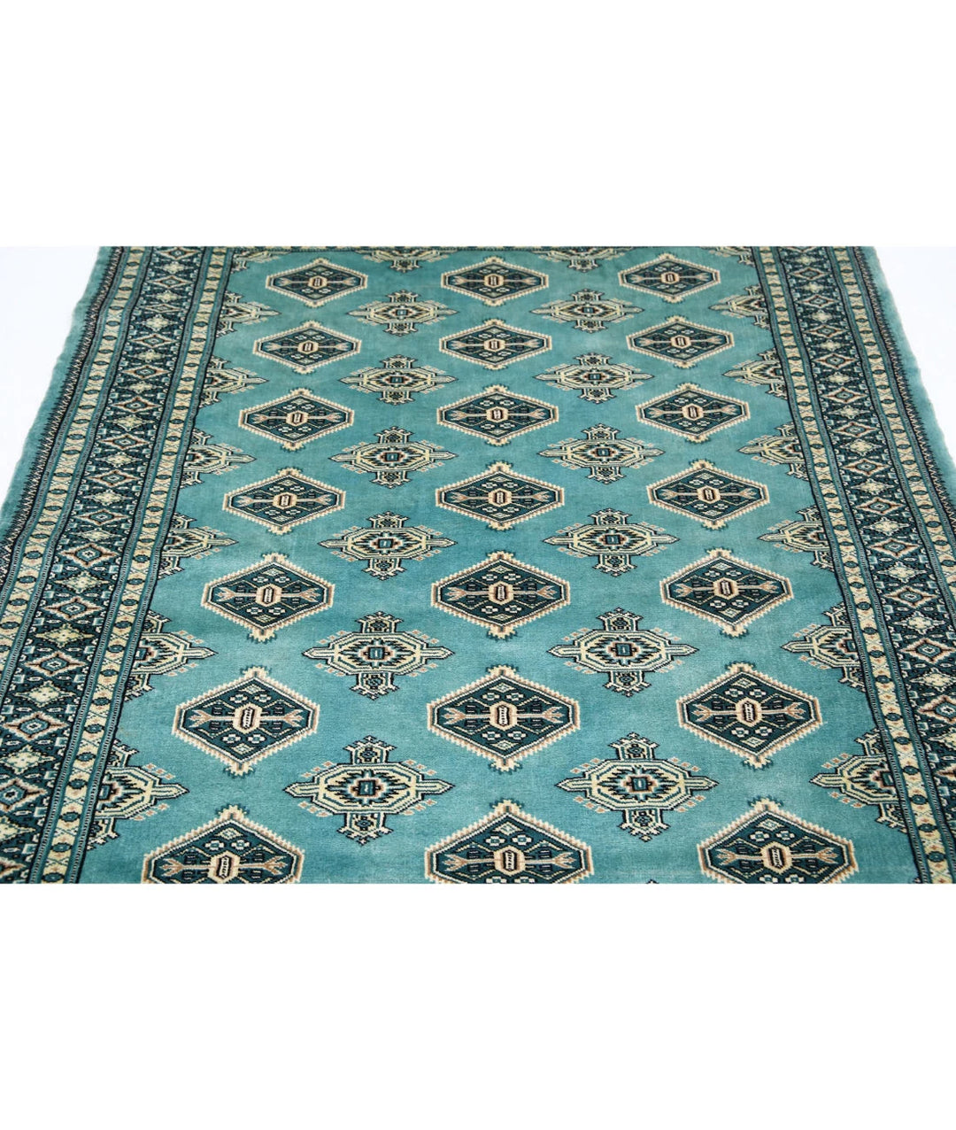 Green Pakistani Bokhara Rug 4' 8" x 6' 4" Hand-Knotted | No. AT61349