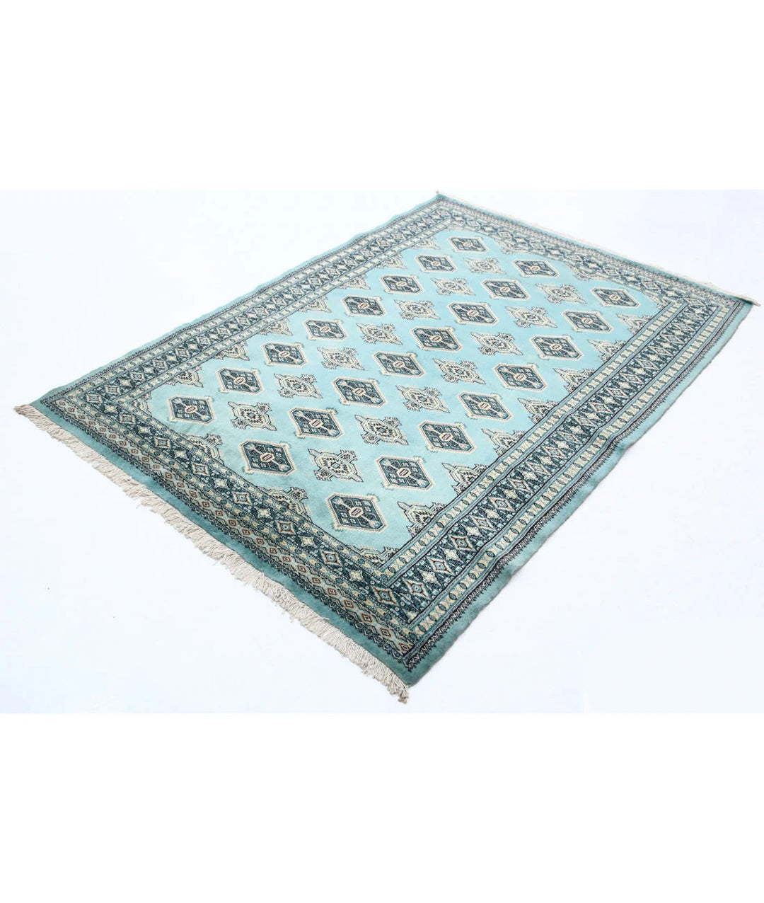 Green Pakistani Bokhara Rug 4' 8" x 6' 4" Hand-Knotted | No. AT61349