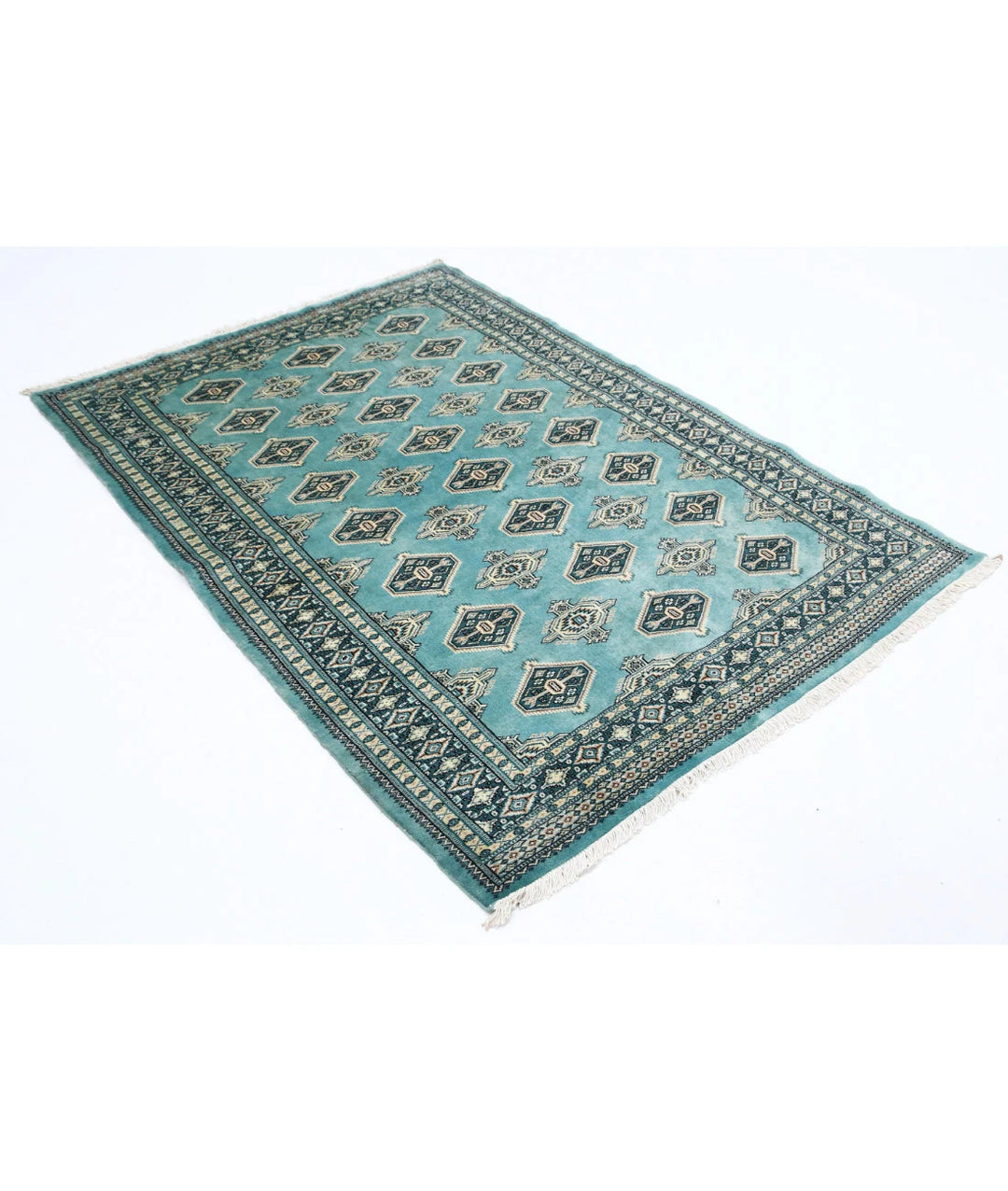 Green Pakistani Bokhara Rug 4' 8" x 6' 4" Hand-Knotted | No. AT61349