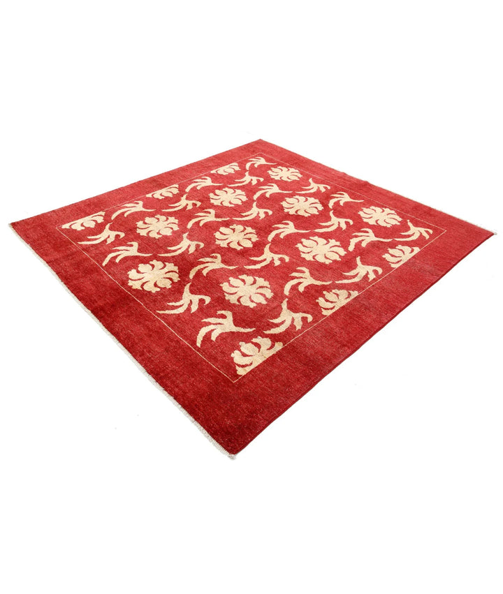 Beige Afghan Modcar Rug 6'7" x 6'10" Hand-Knotted | No. AT61898