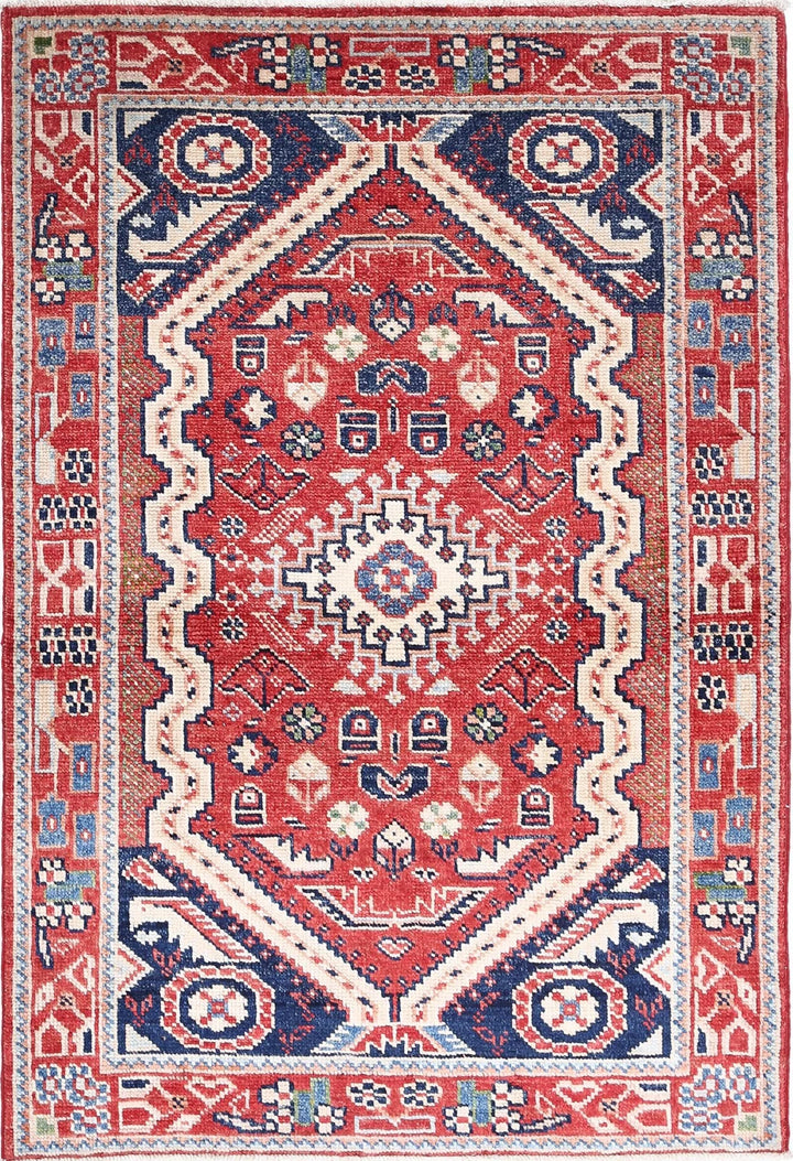 Red Afghan Ziegler Rug 3' 3" x 4' 1" Hand-Knotted | No. AT62184