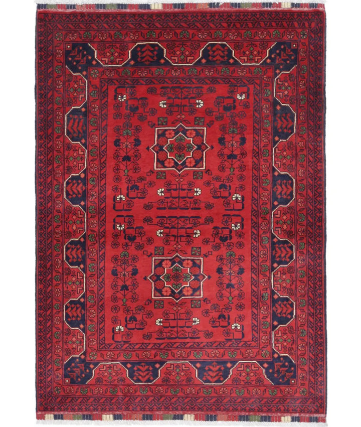Red Afghan Khamyab Rug 3' 4" x 4' 9" Hand-Knotted | No. AT62501