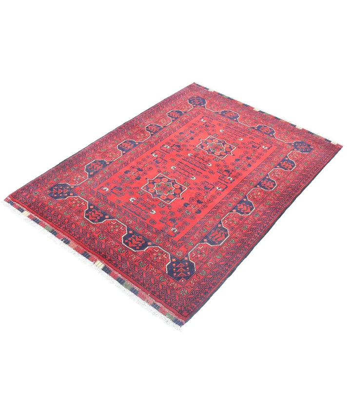 Red Afghan Khamyab Rug 3' 4" x 4' 9" Hand-Knotted | No. AT62501