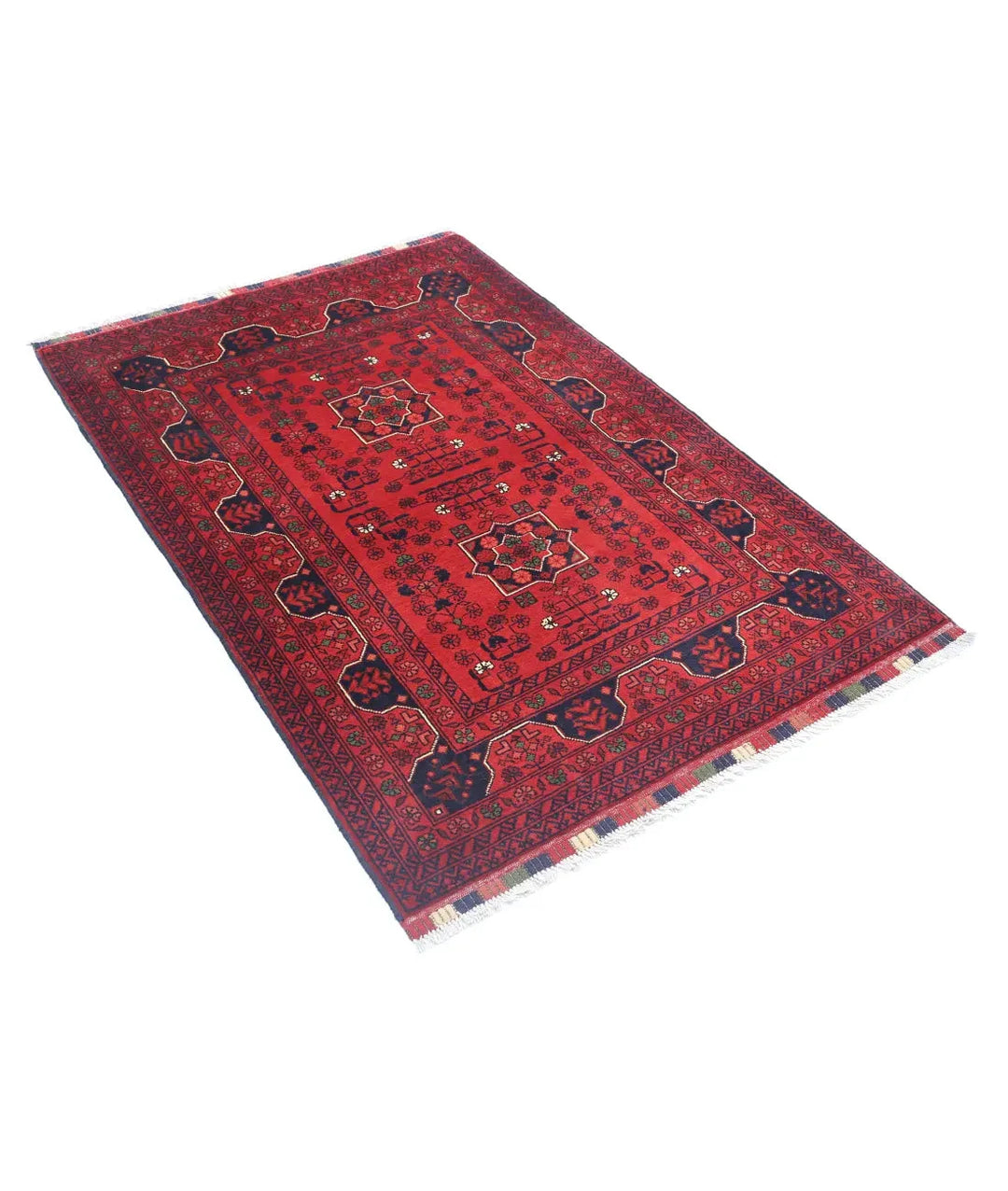 Red Afghan Khamyab Rug 3' 4" x 4' 9" Hand-Knotted | No. AT62501