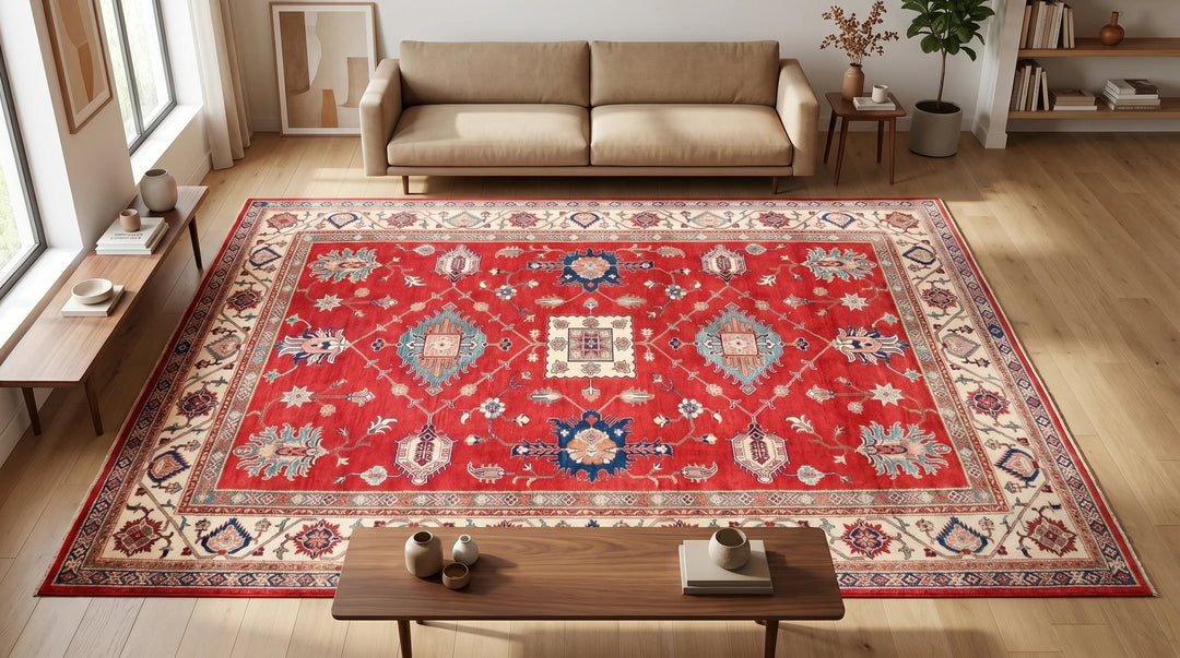 Red Afghan Kazak Rug 9' 0" x 12' 0" Hand-Knotted | No. AT63019