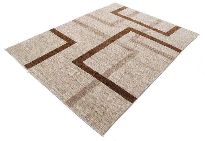 Brown Afghan Modcar Rug 5' 7" x 7' 5" Hand-Knotted | No. AT63045