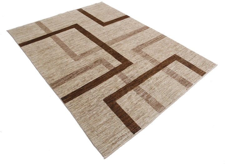 Brown Afghan Modcar Rug 5' 7" x 7' 5" Hand-Knotted | No. AT63045