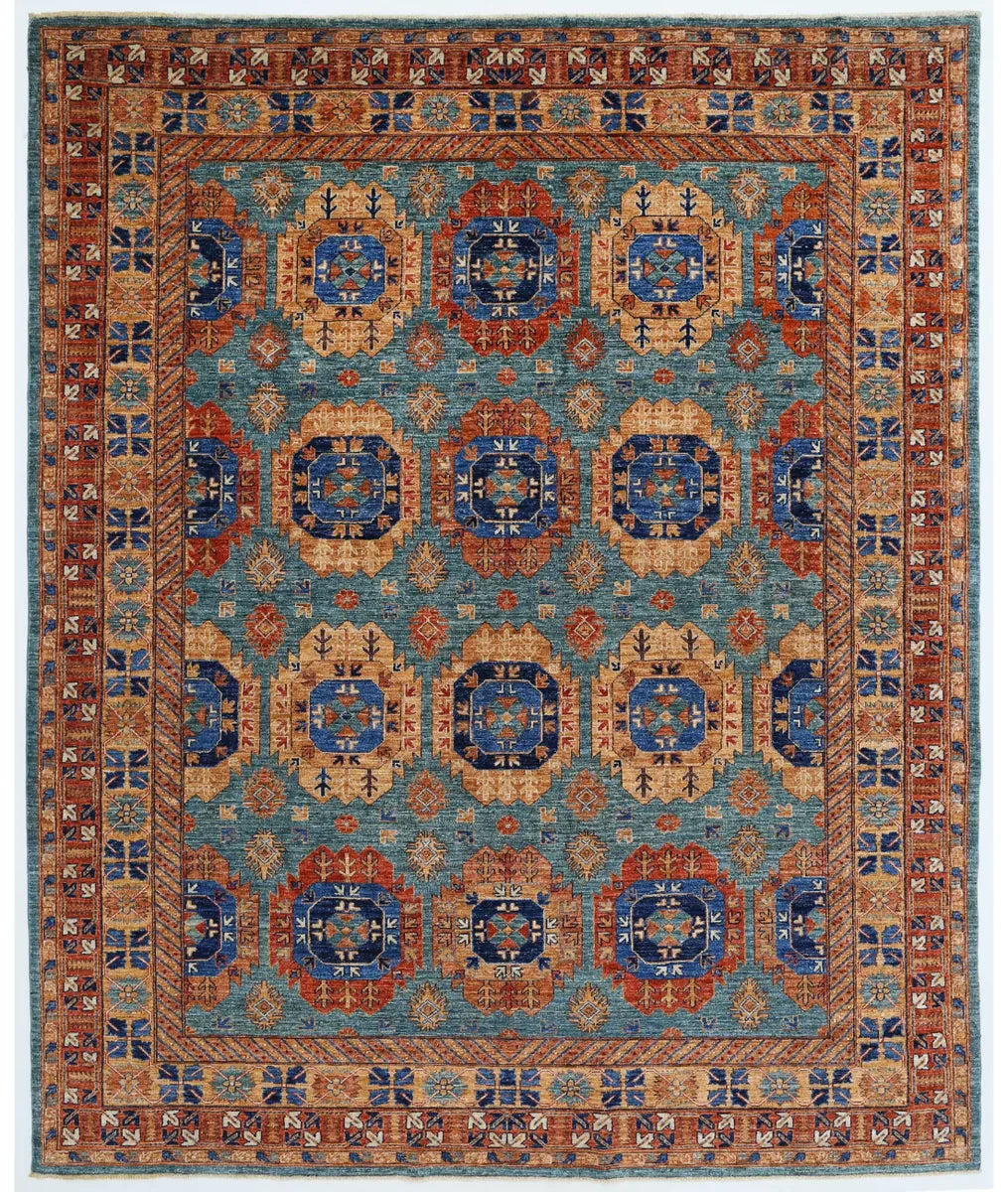 Green Afghan Tribal Rug 7' 11" x 9' 9" Hand-Knotted | No. AT63548