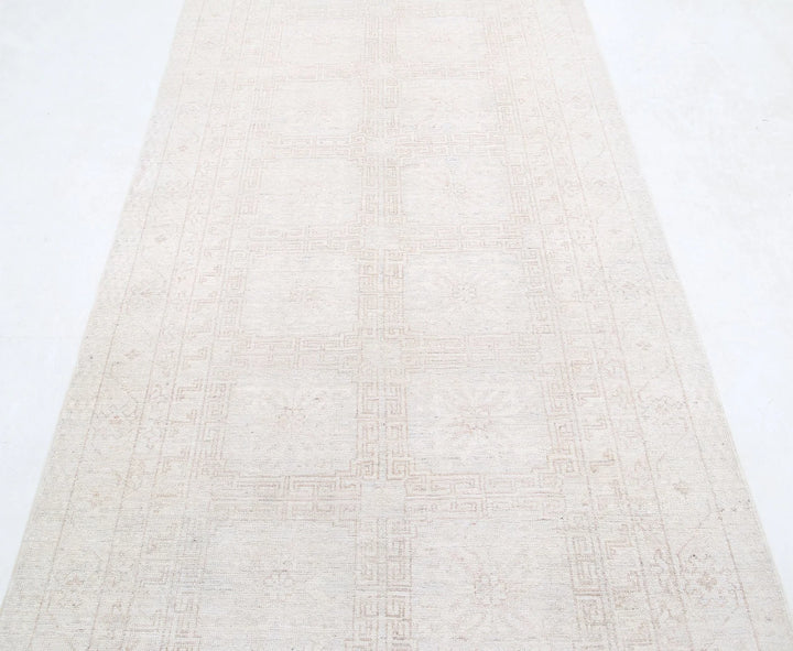 Tan Afghan Khotan Rug 3' 10" x 11' 10" Hand-Knotted | No. AT63608