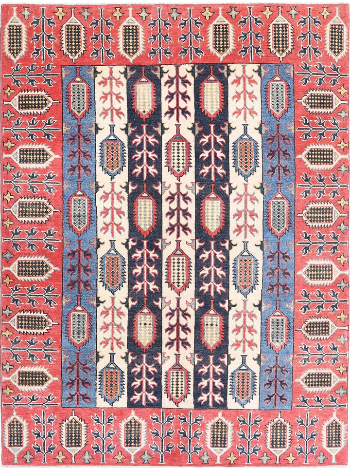Afghan Kazak Rug 4' 11" x 6' 7" Hand-Knotted | No. AT63614