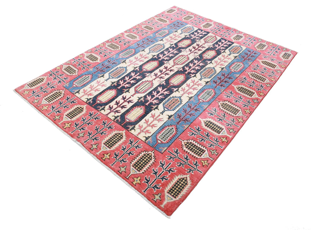 Afghan Kazak Rug 4' 11" x 6' 7" Hand-Knotted | No. AT63614