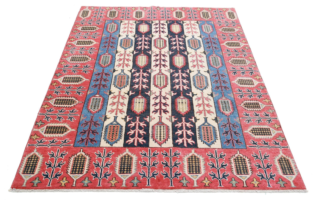 Afghan Kazak Rug 4' 11" x 6' 7" Hand-Knotted | No. AT63614
