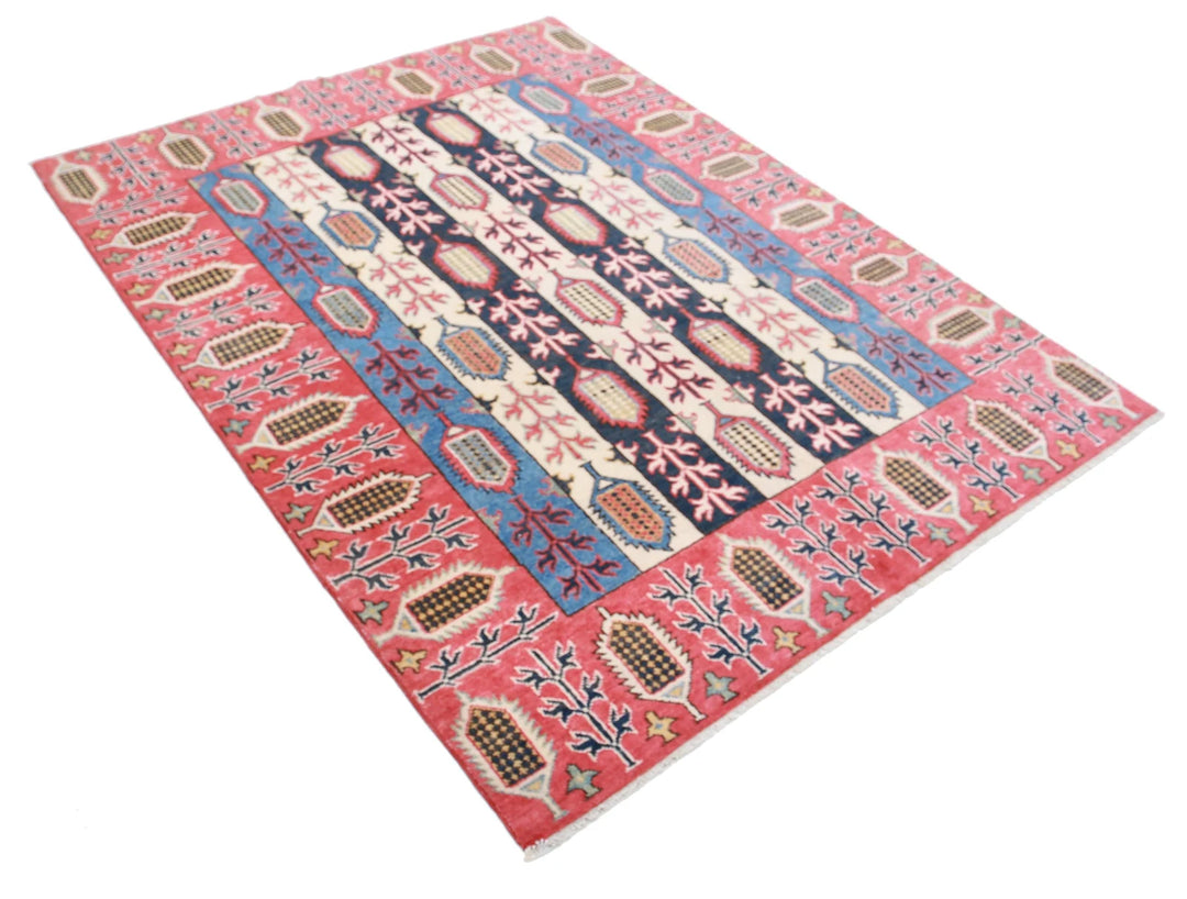Afghan Kazak Rug 4' 11" x 6' 7" Hand-Knotted | No. AT63614