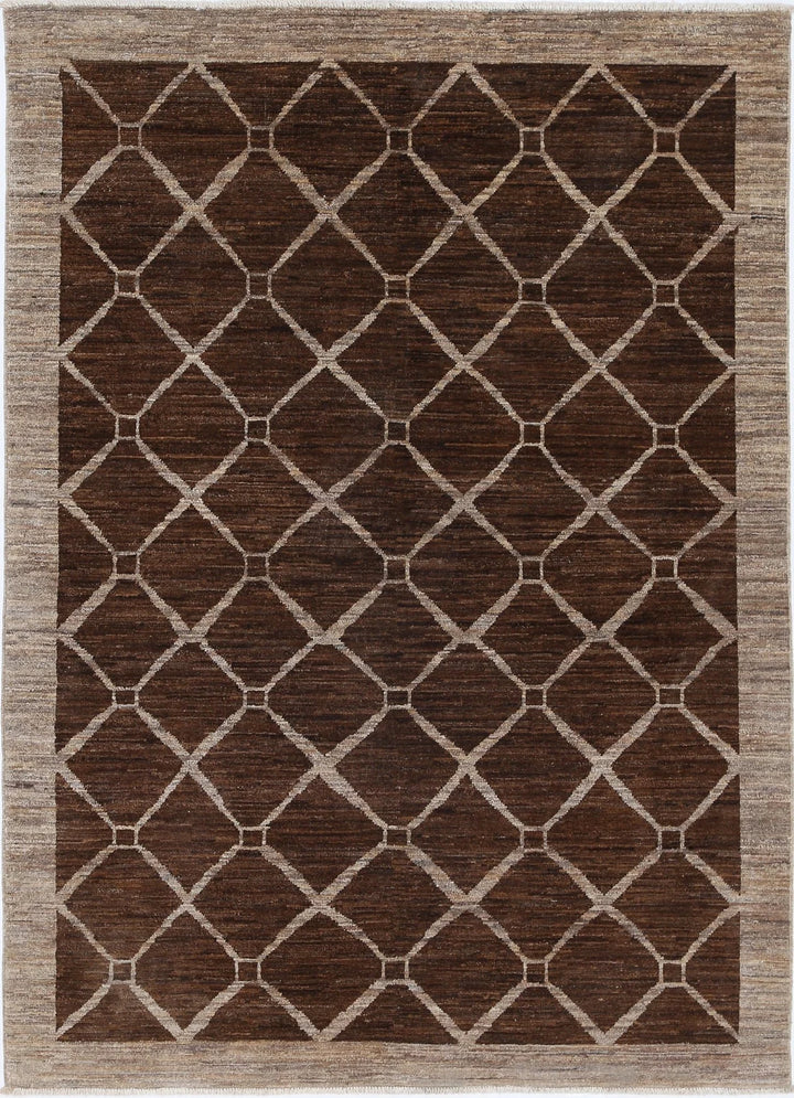 Brown Afghan Modcar Rug 4' 0" x 5' 5" Hand-Knotted | No. AT63879