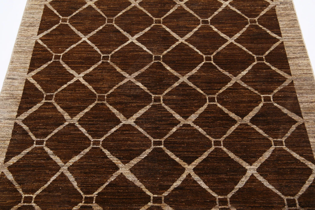 Brown Afghan Modcar Rug 4' 0" x 5' 5" Hand-Knotted | No. AT63879