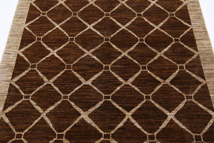 Brown Afghan Modcar Rug 4' 0" x 5' 5" Hand-Knotted | No. AT63879