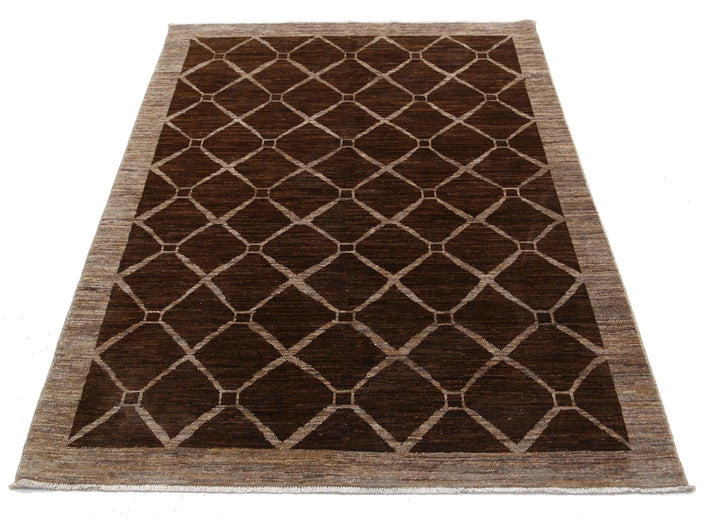 Brown Afghan Modcar Rug 4' 0" x 5' 5" Hand-Knotted | No. AT63879