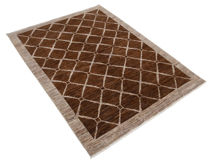Brown Afghan Modcar Rug 4' 0" x 5' 5" Hand-Knotted | No. AT63879