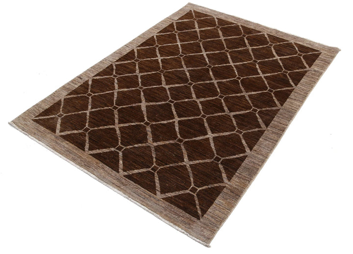 Brown Afghan Modcar Rug 4' 0" x 5' 5" Hand-Knotted | No. AT63879