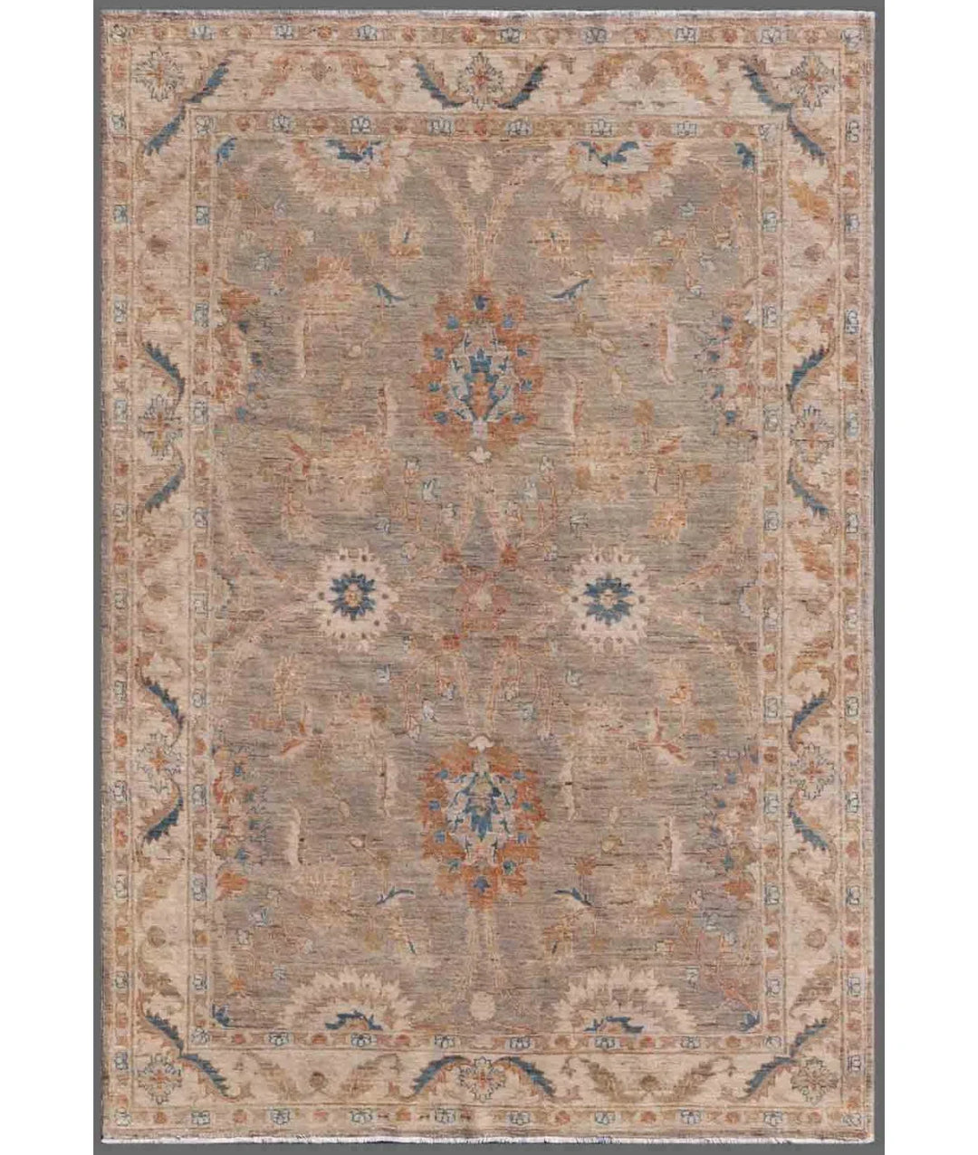 Grey Afghan Ziegler Rug 4' 10" x 6' 11" Hand-Knotted | No. AT63918