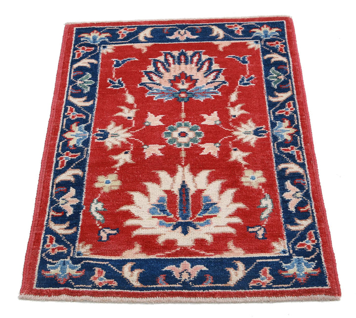 Red Afghan Oriental Rug 2'1" x 2'10" Hand-Knotted close-up