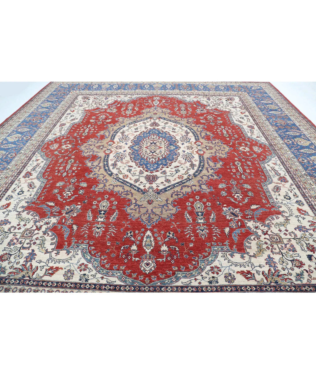 Red Afghan Heriz Rug 14' 2" x 15' 2" Hand-Knotted | No. AT672053