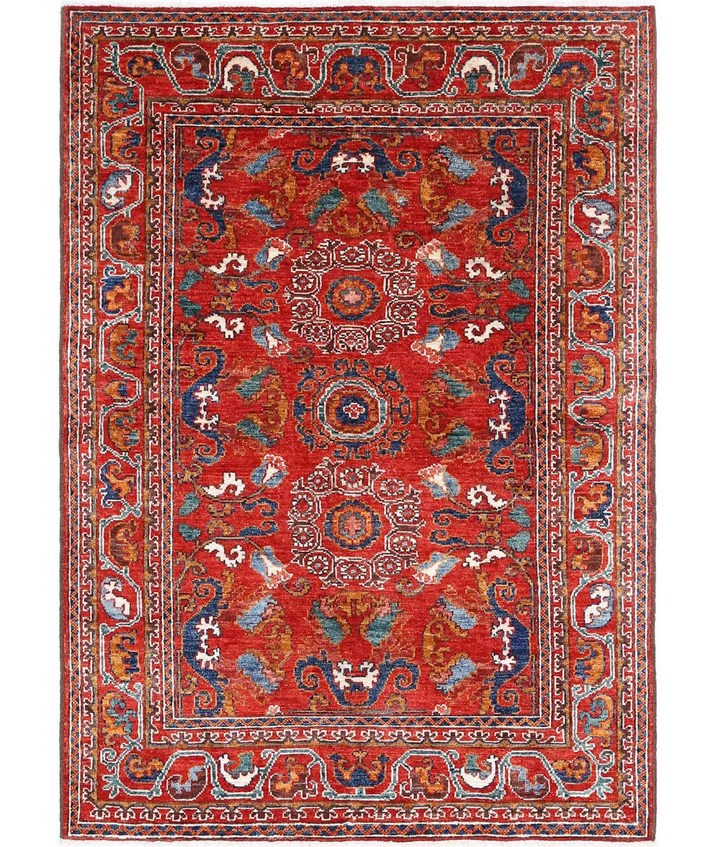 Red Afghan Tribal Rug 4' 1" x 5' 10" Hand-Knotted | No. AT676634
