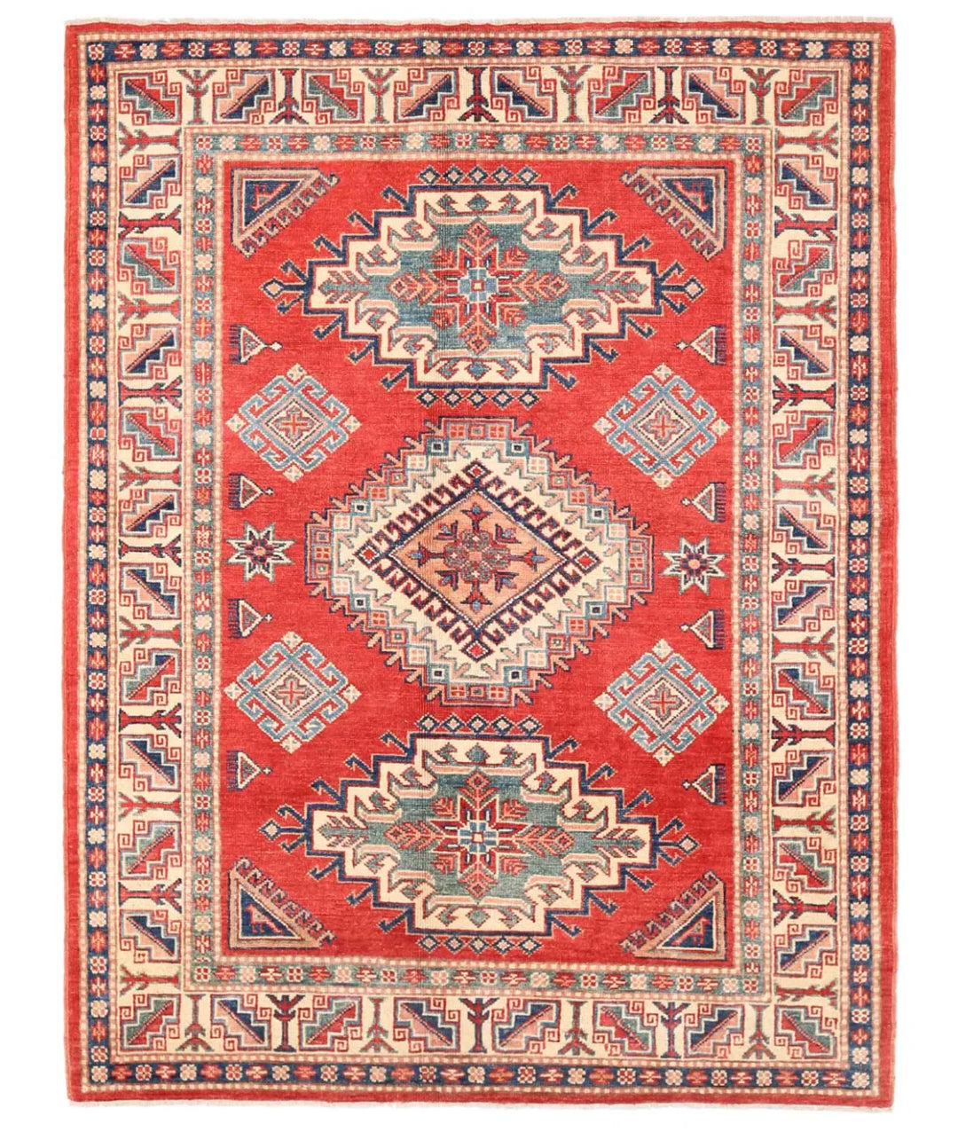 Red Afghan Kazak Rug 4' 9" x 6' 1" Hand-Knotted | No. AT686534
