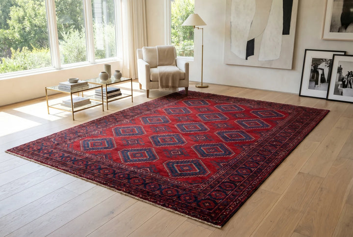 Red Afghan Tribal Rug 9' 7" x 13' 2" Hand-Knotted | No. AT688263