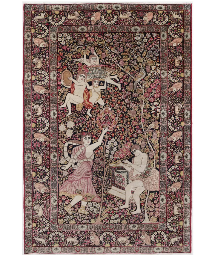 Persian Laver Kerman Pictorial Rug 4' 10" x 7' 5" Hand-Knotted | No. AT69674