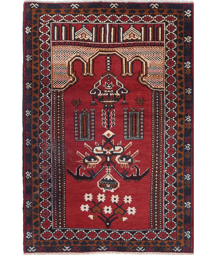 Red Afghan Baluchi Rug 3' 0" x 4' 5" Hand-Knotted | No. AT70167