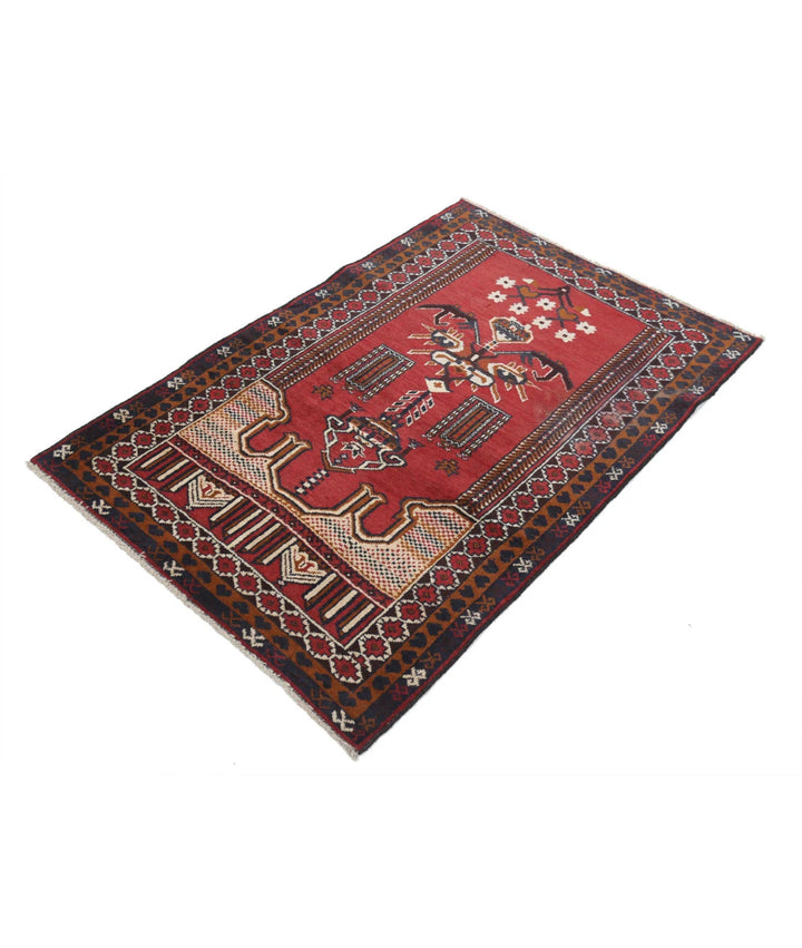 Red Afghan Baluchi Rug 3' 0" x 4' 5" Hand-Knotted | No. AT70167